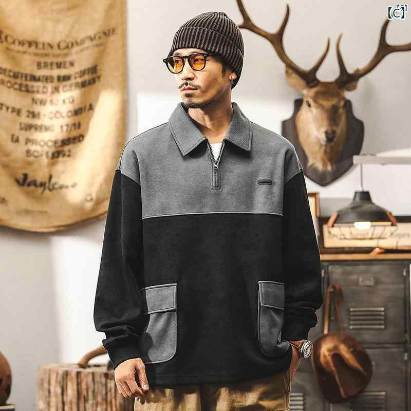 メンズ　カジュアル　男性　オシャレ アメリカン レトロ 3 グラム ヘビーウェイト スウェットシャツ 男性用 秋 ステッチ ポケット ポロシャツ