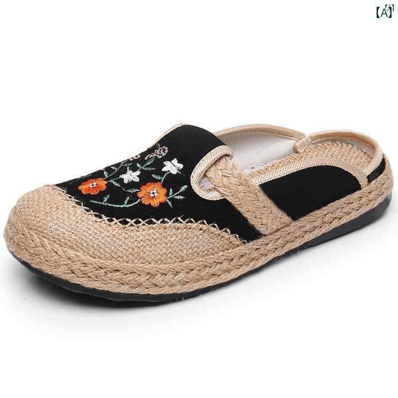 レディース オシャレ 靴 レディース 古風 布靴 平 麻 漁師 靴 アンティーク 漢服 刺繍 柔らかい