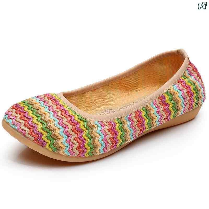 レディース オシャレ　靴　レディース 古風 布靴 夏 織 エッグロール シューズ 通気性 ママ 靴 フラッ..