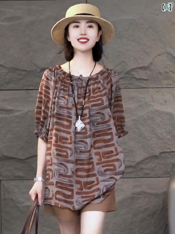 レディース オシャレ　レディース　ファッション　上品 プリント新 ファッション シャツ 夏 レトロ カジュアル ワンショルダー 半袖 トップ