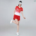 レディース ファッション オシャレ トレーニング スクエアダンス 服 セット 中国 レッド 速乾 通気性 トップ ダンス エアロビクス ランニング スポーツ パ...