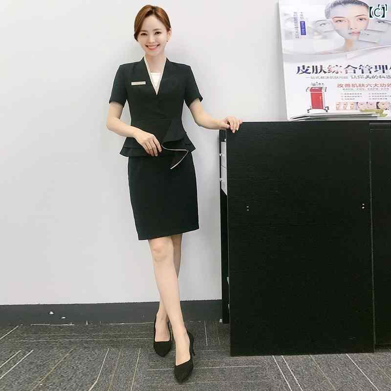 レディース チュニック　オシャレ　仕事着　かわいい 美容室 マネージャー ホテル フロント プロ スーツ フェミニン 美容師 作業着 半袖 2点 夏