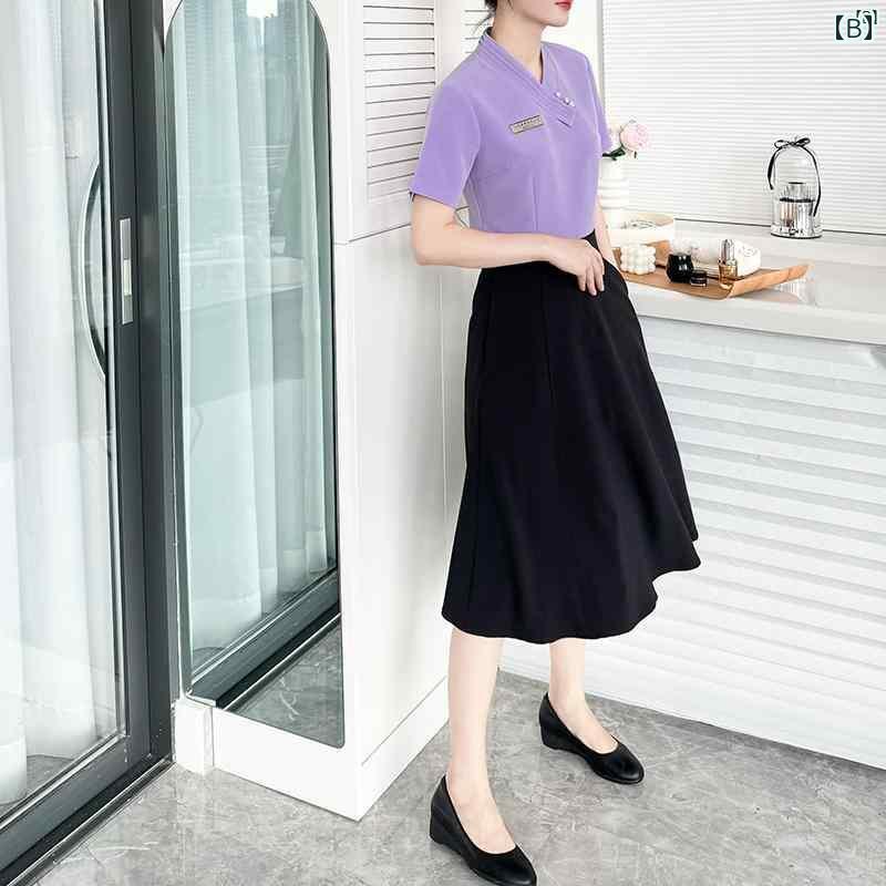 レディース チュニック　オシャレ　仕事着　かわいい 美容師 作業着 レディース 春夏 健康 ランド スパクラブ 足 湯 ショップ フットマッサージ 師 半袖 スーツ スカート