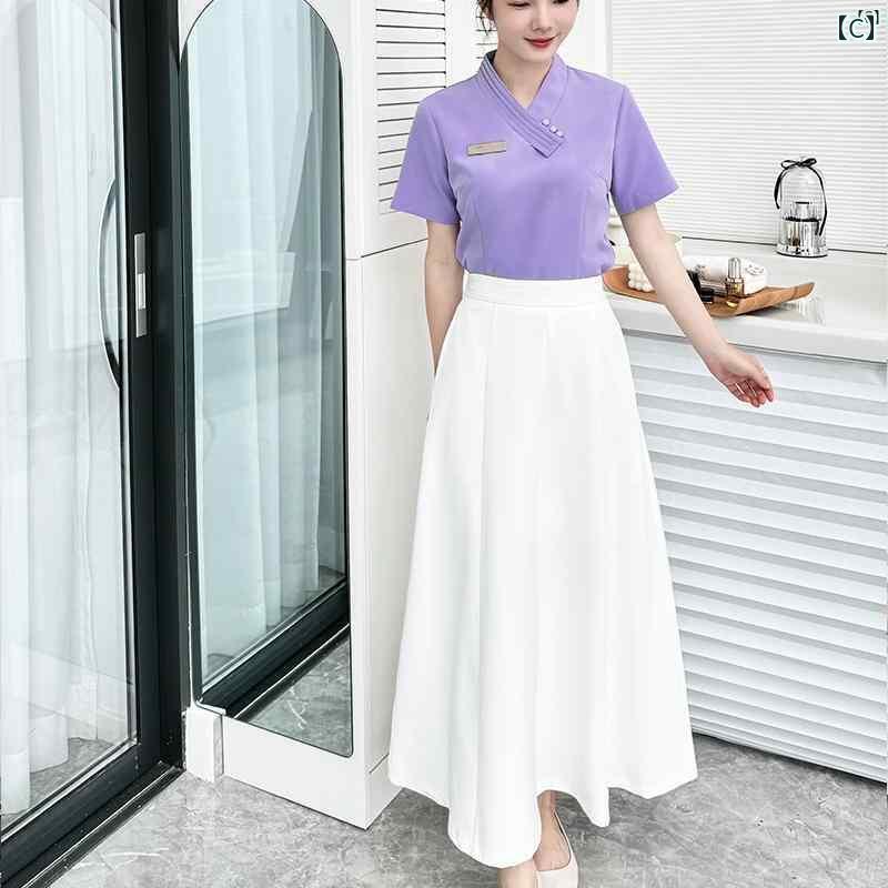 レディース チュニック　オシャレ　仕事着　かわいい 美容師 作業着 レディース 春夏 健康 ランド スパクラブ 足 湯 ショップ フットマッサージ 師 半袖 スーツ スカート