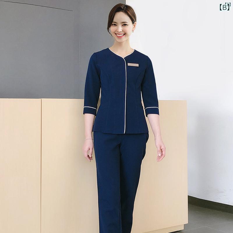 レディース チュニック　オシャレ　仕事着　かわいい 春夏 七分袖 韓国 小柄 Vネック 婦歳 服 プロ ウェア エレガント 美容師 クラブ 作業着