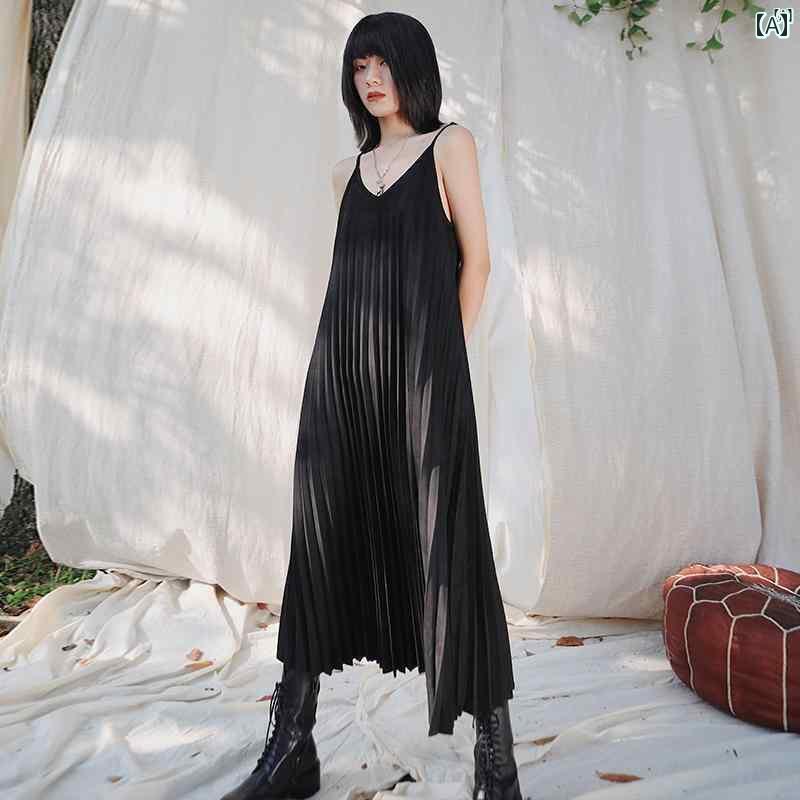 レディース　レディース　ファッション　オシャレ　　モダン　海外風 夏用 レディース フレンチ スエード サスペンダー ドレス たり ブラック ボトム ミドル丈 プリーツ ロング スカート 合わせて 着用