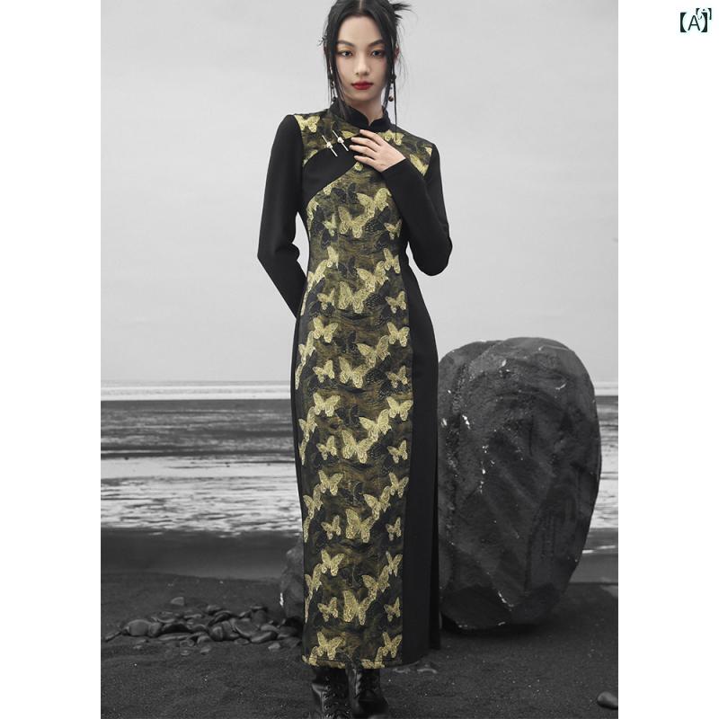 レディース　レディース　ファッション　オシャレ　　モダン　海外風 中華風 チャイナ ドレス レディース ゴールド 蝶 ジャカード スプライシング ロング スカート