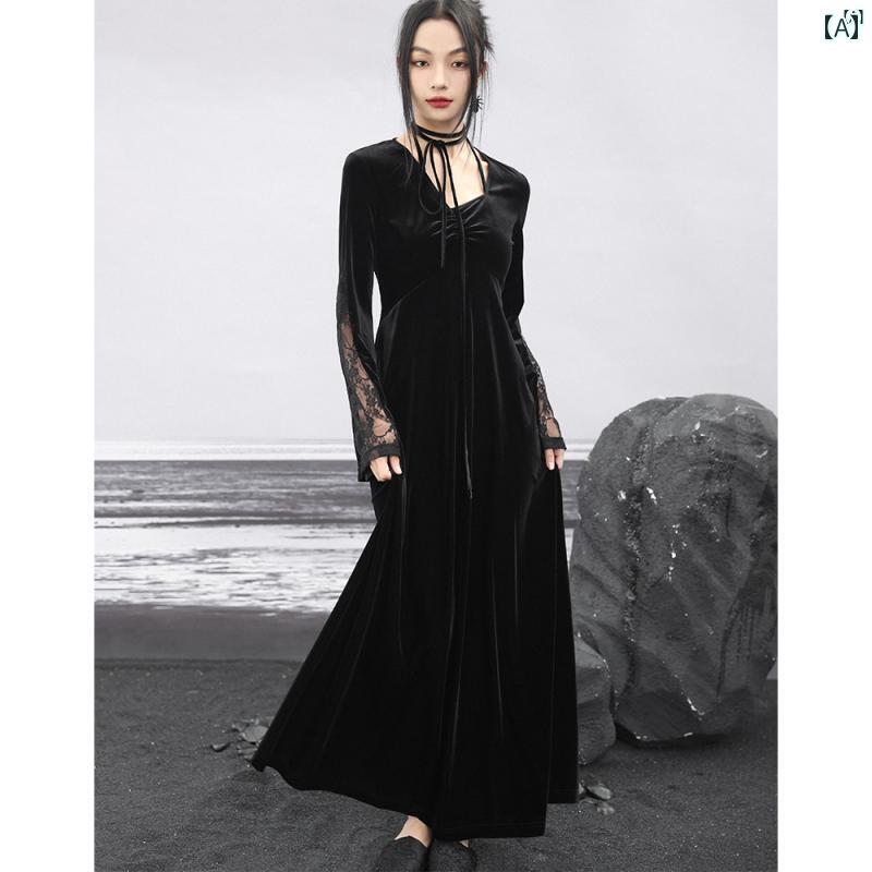 レディース　レディース　ファッション　オシャレ　　モダン　海外風 ダーク ベルベット ドレス レディース レース スプライシング トランペット 袖 ホルターネック ミドル丈 スカート