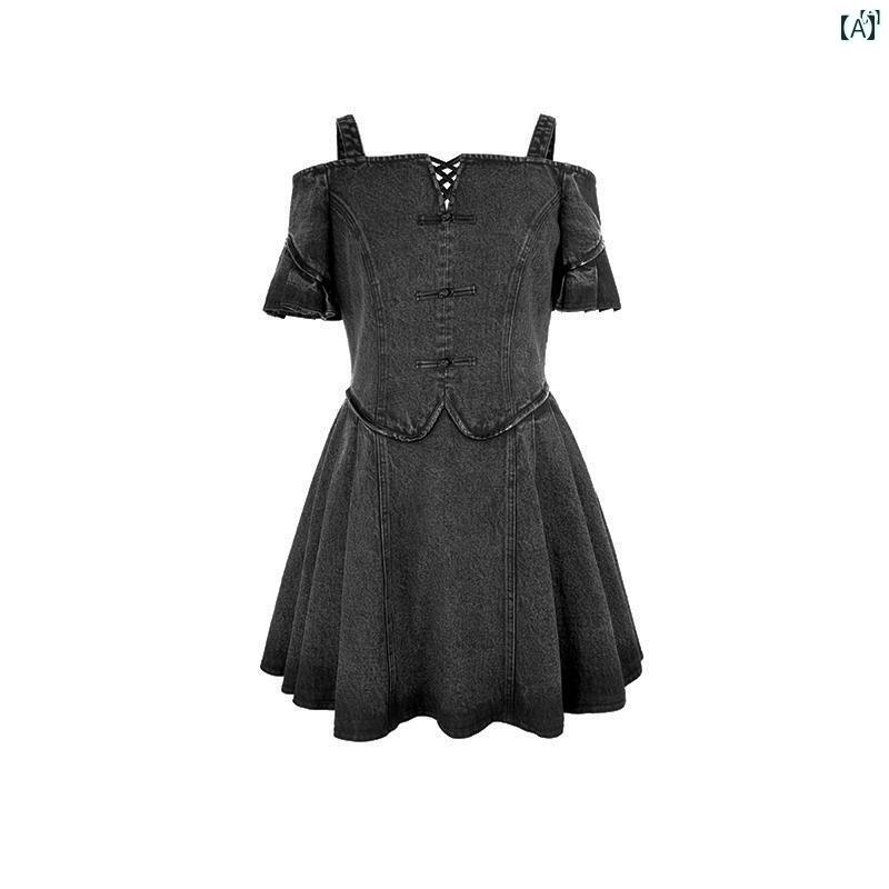 レディース　レディース　ファッション　オシャレ　　モダン　海外風 中華風 デニム ドレス レディース 夏 レトロ 古風 小柄 サスペンダー ショート スカート