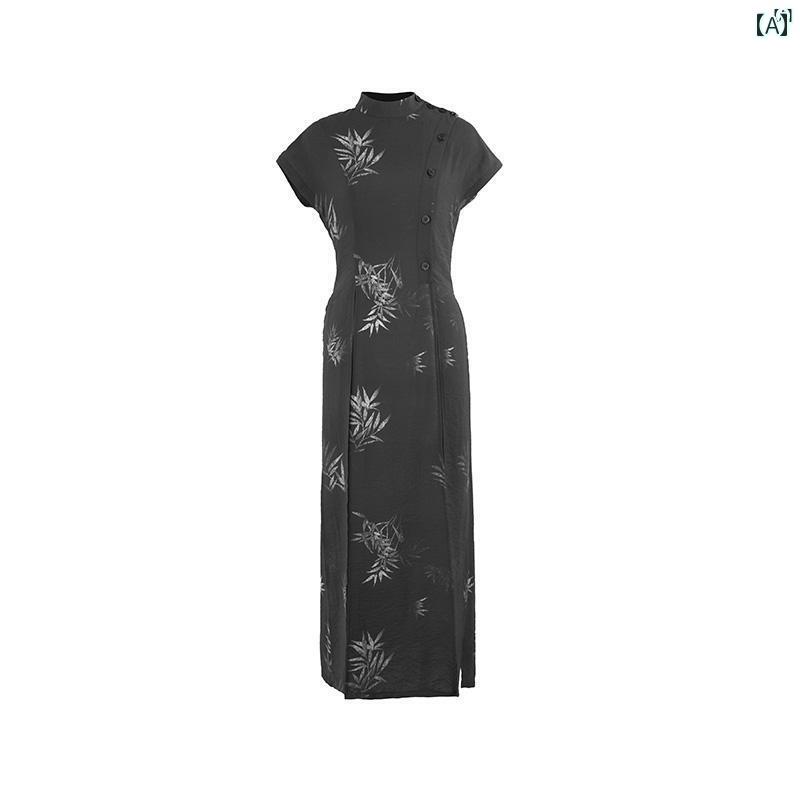 レディース　レディース　ファッション　オシャレ　　モダン　海外風 中華風 竹 葉 プリント トップス レディース レトロ スタンドカラー スリット リバーシブルシャツ ドレス