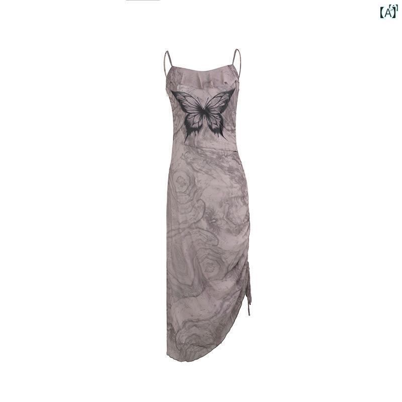 レディース　レディース　ファッション　オシャレ　　モダン　海外風 スリム オフ ショルダーサスペンダー ドレス レディース 夏 クール 通気性 バタフライ プリント ストレッチ メッシュロングスカート