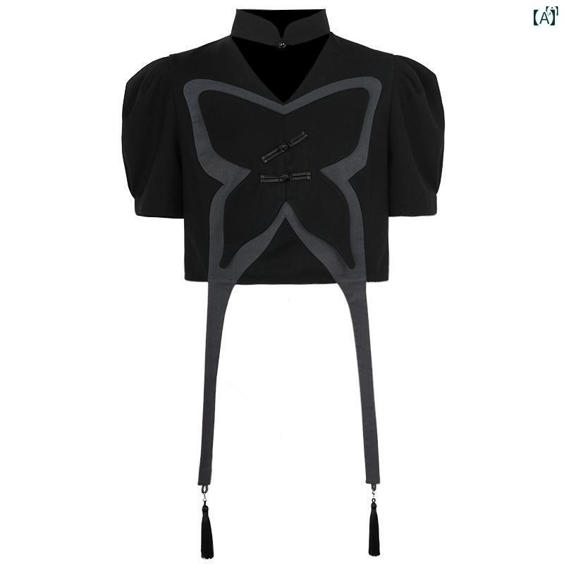 レディース　レディース　ファッション　オシャレ　　モダン　海外風 中華風 蝶 Tシャツ レディース 夏 レトロ クール チャイナ ドレス ショート トップ