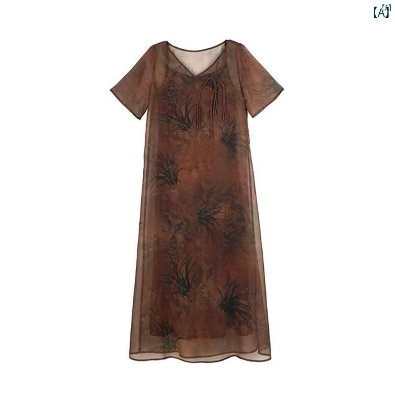 レディース　レディース　ファッション　オシャレ　　モダン　海外風 2点セット ! 中華風 シフォン ドレス レトロ 水仙 プリント たり 半袖 軽量 スカート