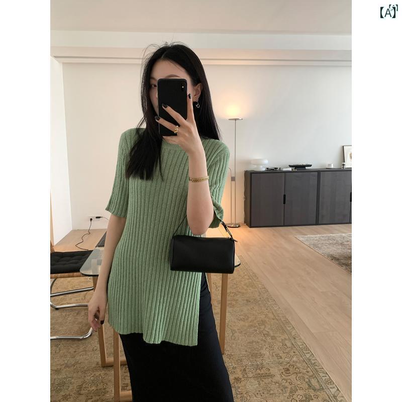 レディース ファッション オシャレ かわいい カジュアル 上品 たり 着心地 スリット 半袖 ピット ニット ブラウス 2色