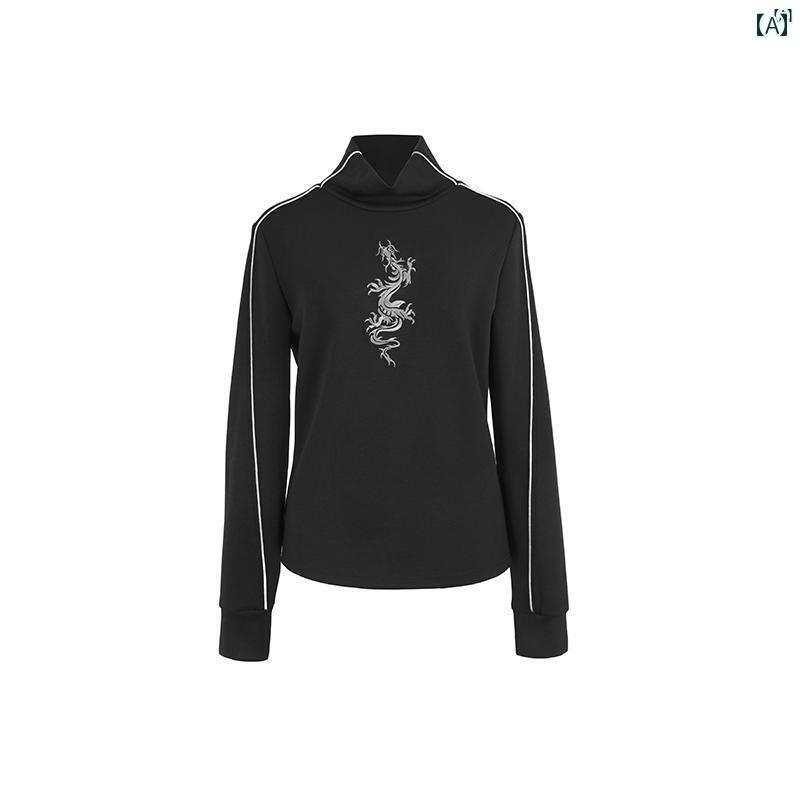 レディース レディース ファッション オシャレ モダン 海外風 ドラゴン パターン 刺繍 シャツ レディース 秋冬 単独 着用 スリム エレガント ブラック インナー ハーフ タートルネック トップ す