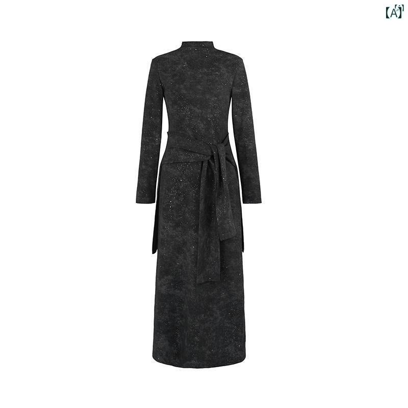 レディース　レディース　ファッション　オシャレ　　モダン　海外風 フェイク 2点 長袖 ドレス レディース 絞り染め スパンコール スリム スカート