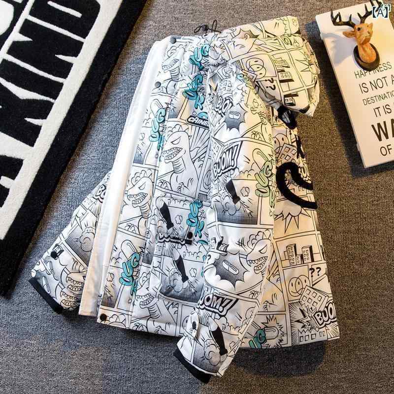 メンズ　ファッショオン　オシャレ　カジュアル　男性 コミック 落書き ダウン ジャケット 冬 80 ホワ..