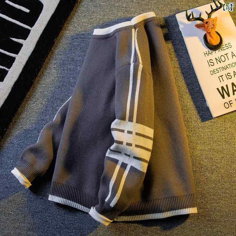 メンズ　ファッショオン　オシャレ　カジュアル　男性 HPCP レトロ カラー ブロック ストライプセーター 秋冬 ラウンドネックプルオーバー セーター