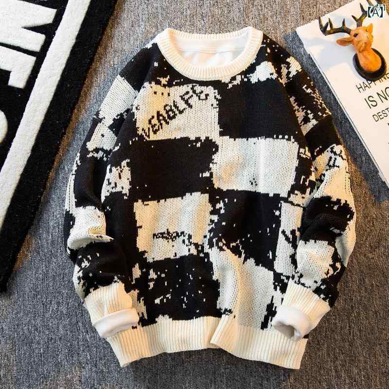 メンズ　ファッショオン　オシャレ　カジュアル　男性 HPCP 秋冬 カラー ブロック チェック柄 セーター レトロ ルーズ ラウンドネック カップル ニット 男性