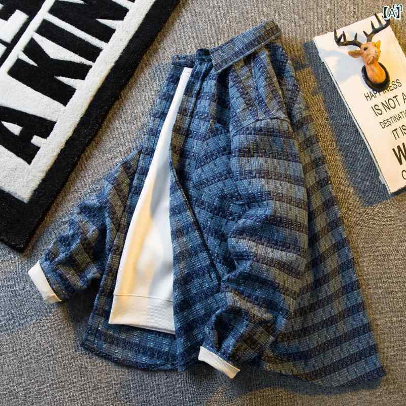 メンズ　ファッショオン　オシャレ　カジュアル　男性 水平 ヴィンテージ レトロ 織り チェック柄 シャツ 春秋 厚手 ジャケット 摩耗