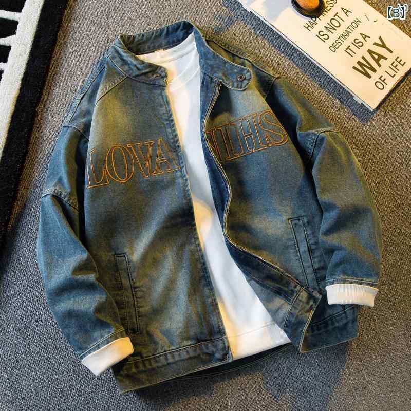 メンズ　ファッショオン　オシャレ　カジュアル　男性 HPCP アメリカ レトロ 刺繍 デニムジャケット 春秋 ハイエンド スタンドカラー オートバイ ジャケット