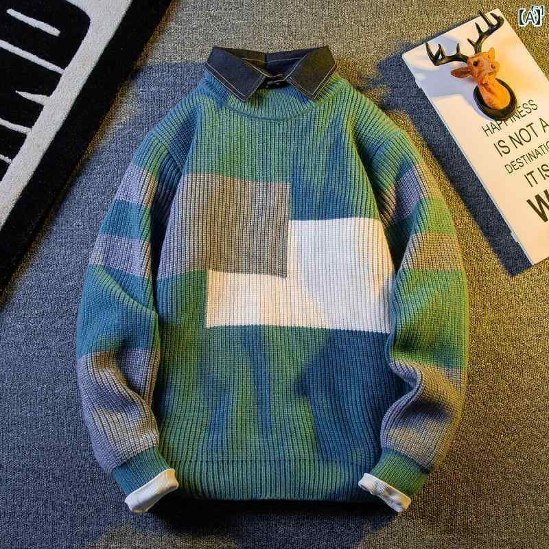 メンズ ファッショオン オシャレ カジュアル 男性 レトロ カラー シャツ 襟 セーター 男性用 秋冬 厚手 暖かい ステッチ フェイク 2点