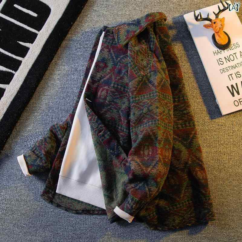 メンズ ファッショオン オシャレ カジュアル 男性 ヴィンテージ エスニック ジャカード ウール シャツ ジャケット メンズ 厚手 暖かい 作業着 カジュアル