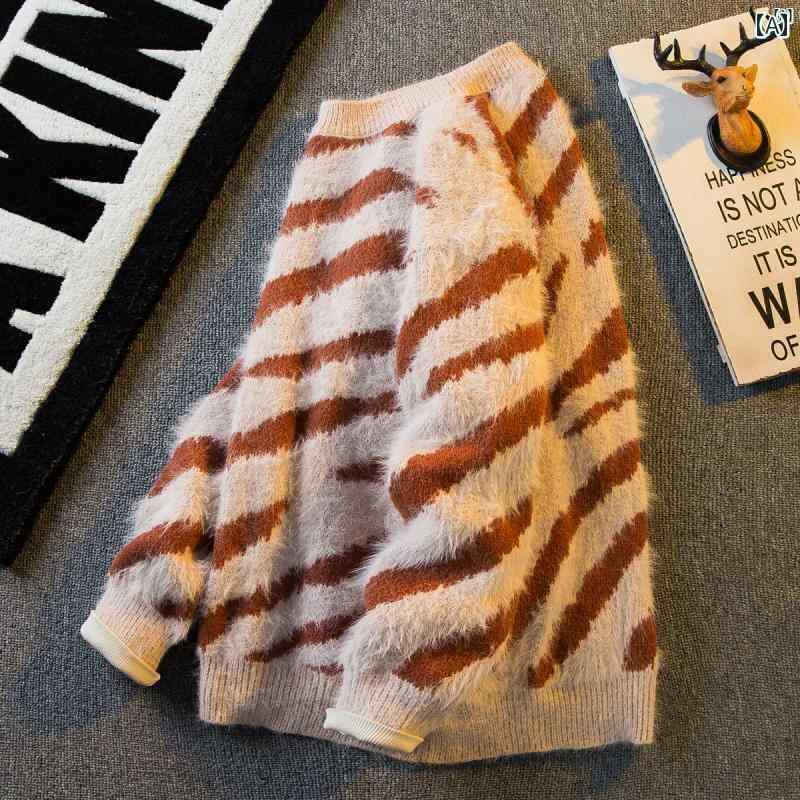 メンズ ファッショオン オシャレ カジュアル 男性 Hengpai 秋冬 アメリカ 男性用 モヘア セーター 厚手 ストライプ レトロ