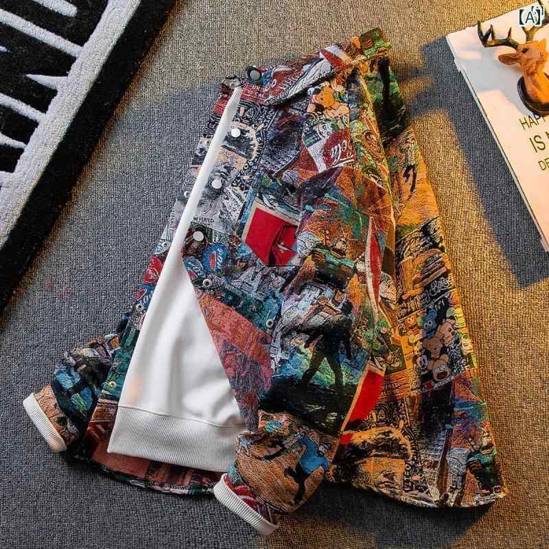 メンズ ファッショオン オシャレ カジュアル 男性 アメリカン ジャカード 染め コミック シャツ ジャケ..