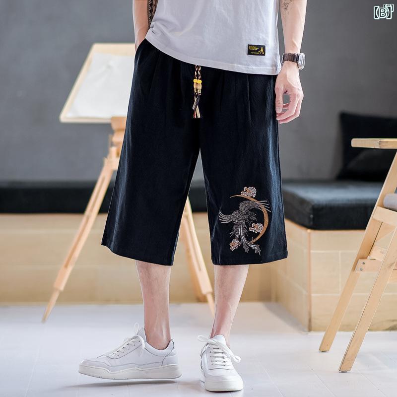 メンズ　ファッショオン　オシャレ　カジュアル　男性 中華風 リネン パンツ 夏 薄手 大きいサイズ クロップドパンツ 刺繍 ワークウェア コットン ショート