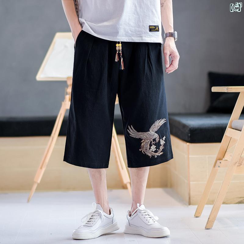 メンズ　ファッショオン　オシャレ　カジュアル　男性 中華風 リネン パンツ 夏 薄手 大きいサイズ クロップドパンツ 刺繍 ワークウェア コットン ショート
