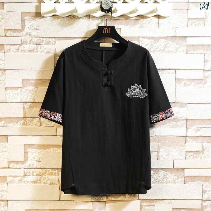 メンズ　ファッショオン　オシャレ　カジュアル　男性 夏 薄手 バックル たり 快適 リネン 七分袖 中華風 半袖 トップス 男性用