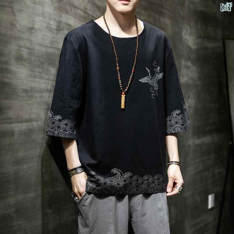 メンズ　ファッショオン　オシャレ　カジュアル　男性 夏用 薄手 リネン ボタン 付き 半袖 中華風 コットン プリント 七分袖 トップス
