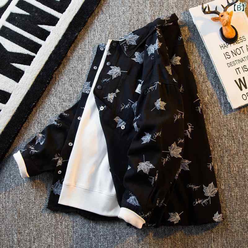 メンズ ファッショオン オシャレ カジュアル 男性 メープルリーフ オール プリント デニムシャツ ジャケット メンズ 春秋 メンズファッション ストリート カジュアル 服 シャツ