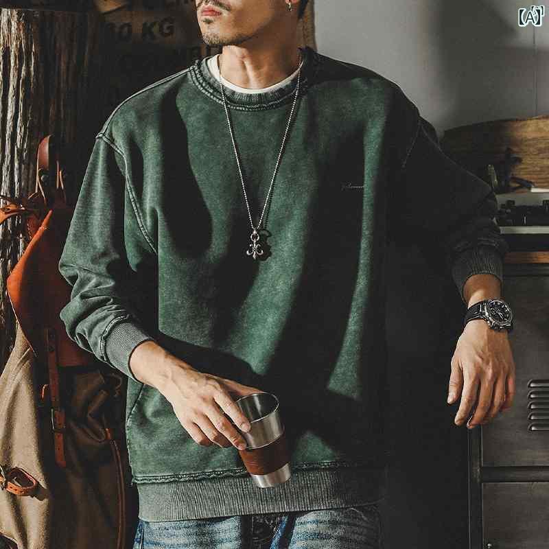 メンズ　ファッショオン　オシャレ　カジュアル　男性 ジェイ レノ アメリカン レトロ ヘビー クラフト バティック ヘビースウェット シャツ 春秋長 繊維 コットン グリーン 服(4)