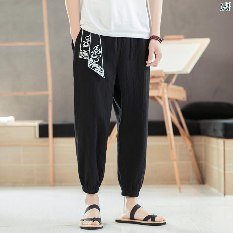 メンズ ファッショオン オシャレ カジュアル 男性 夏 新 中華風 大きいサイズ パンツ 男性 アンティークコットン リネン ワイド レッグ 裾細