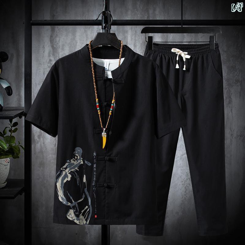 メンズ ファッショオン オシャレ カジュアル 男性 中華風 大きめ サイズ 夏 薄手 スーツ アンティーク プリント 半袖 シャツ