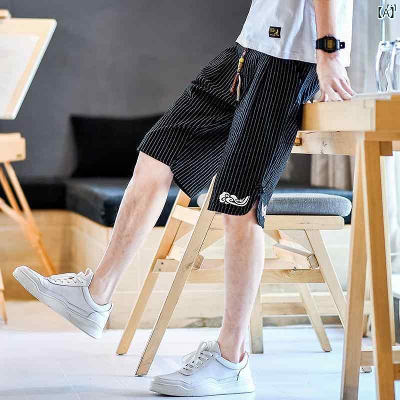 メンズ ファッショオン オシャレ カジュアル 男性 中国 大きめ サイズ コットン リネン 通気性 7 分 パンツ アンティーク 刺繍 ストライプ ショーツ ビーチ ストレート