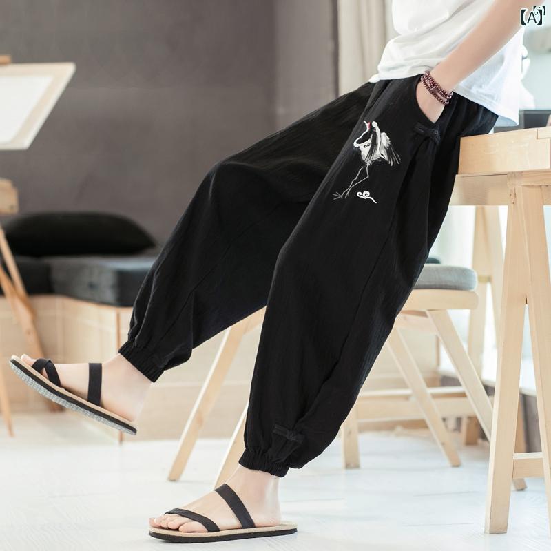 メンズ ファッショオン オシャレ カジュアル 男性 中華風 大きめ サイズ 夏 薄手 大きいサイズ パンツ アンティーク 刺繍 九分丈