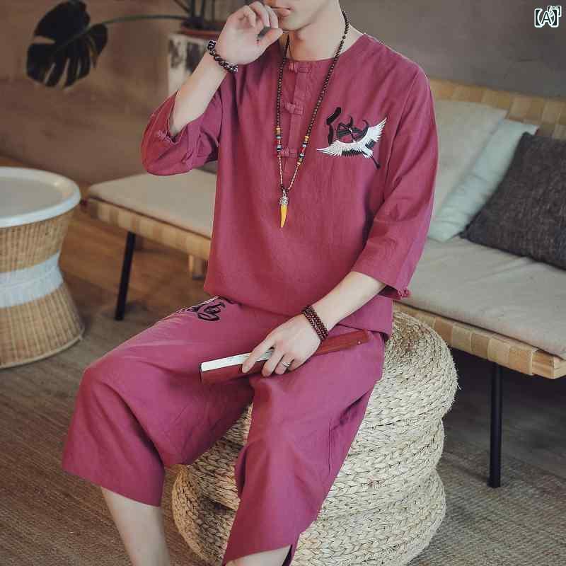 メンズ ファッショオン オシャレ カジュアル 男性 中華風 夏 大きめ サイズ スーツ アンティーク 刺繍 ボタン 半袖 Tシャツ クロップドパンツ 2点セット