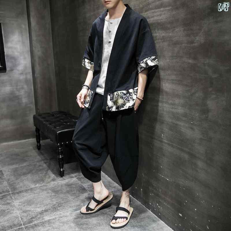 メンズ　ファッショオン　オシャレ　カジュアル　男性 中華風 コットン リネン レトロ 漢服 素歳 瞑想 スーツ 中国 唐