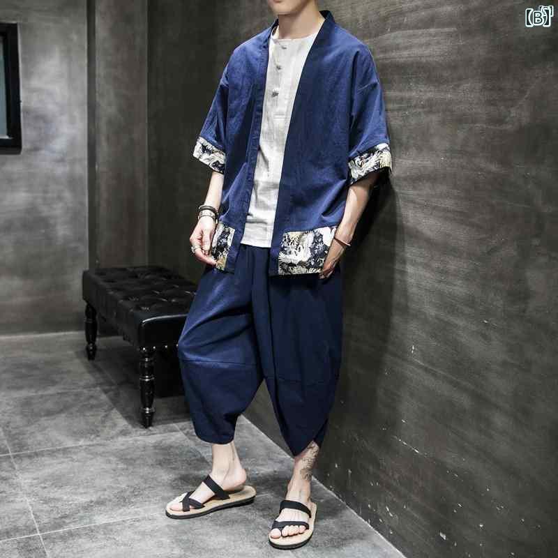 メンズ　ファッショオン　オシャレ　カジュアル　男性 中華風 コットン リネン レトロ 漢服 素歳 瞑想 スーツ 中国 唐