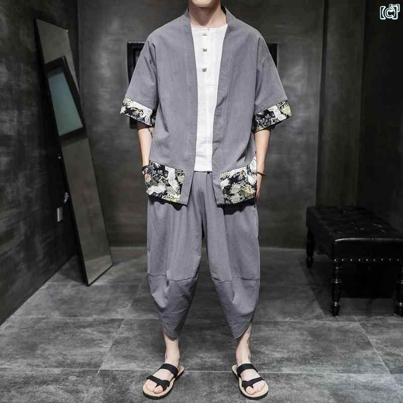 メンズ　ファッショオン　オシャレ　カジュアル　男性 中華風 コットン リネン レトロ 漢服 素歳 瞑想 スーツ 中国 唐