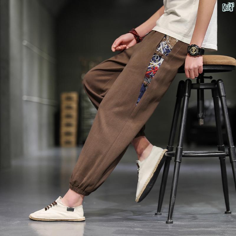 メンズ　ファッショオン　オシャレ　カジュアル　男性 中華風 大きめ サイズ コットン リネン 九分丈 パンツ アンティーク プリント ワイド レッグ プチパンツ