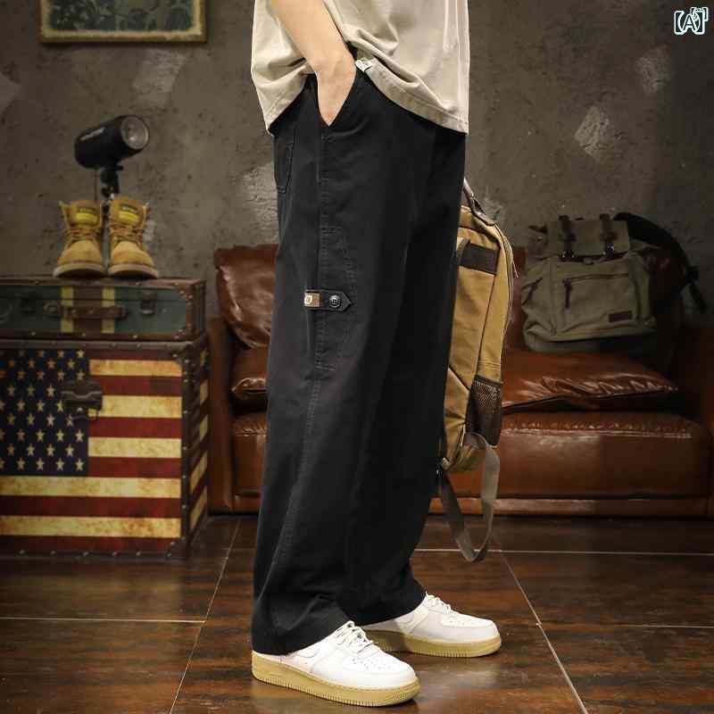 メンズ　ファッショオン　オシャレ　カジュアル　男性 男性用 ブラック ストレート レッグ カーゴパンツ たり 大きめ サイズ 夏 アメリカン レトロ パンツ