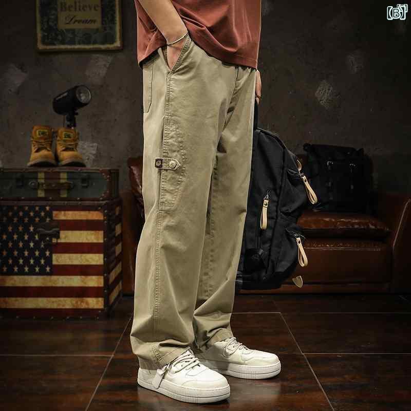 メンズ　ファッショオン　オシャレ　カジュアル　男性 男性用 ブラック ストレート レッグ カーゴパンツ たり 大きめ サイズ 夏 アメリカン レトロ パンツ