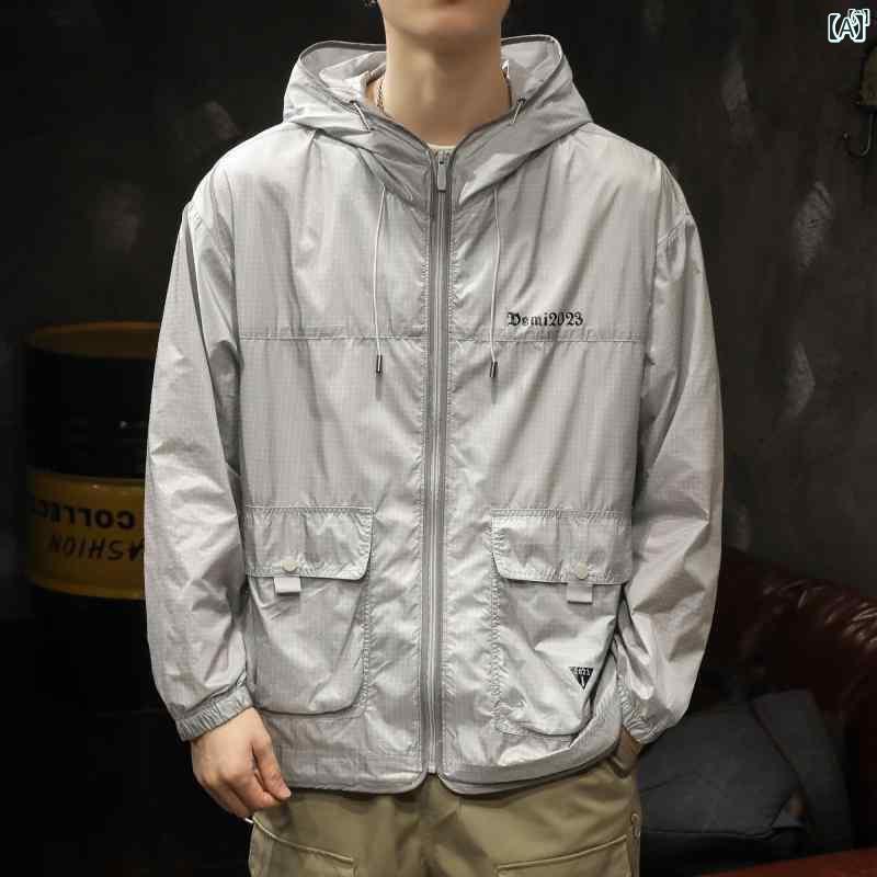 メンズ　ファッショオン　オシャレ　カジュアル　男性 アメリカ ストリート 日焼け防止 服 夏 ハイエンド UV対策 冷感 薄型 フード付き ジャケット