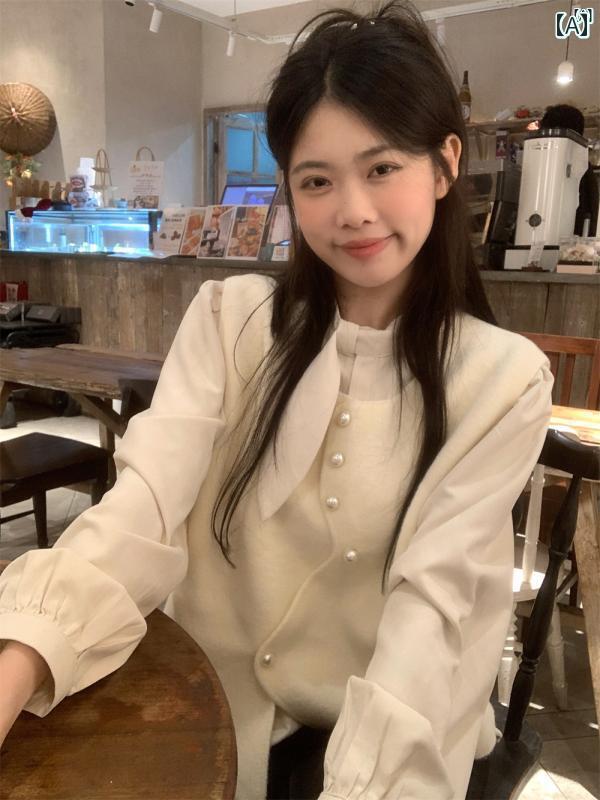 レディース　ファッション　レディース　オシャレ　かわいい　綺麗　上品 2点 セーター スーツ スタンドカラー 長袖 シャツ ニット ボタン ベスト