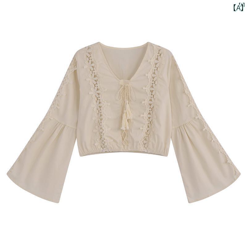 レディース　ファッション　レディース　オシャレ　かわいい　綺麗　上品 初秋 Vネック レースアップ ショート トップ 立体 花 トランペット スリーブ シャツ