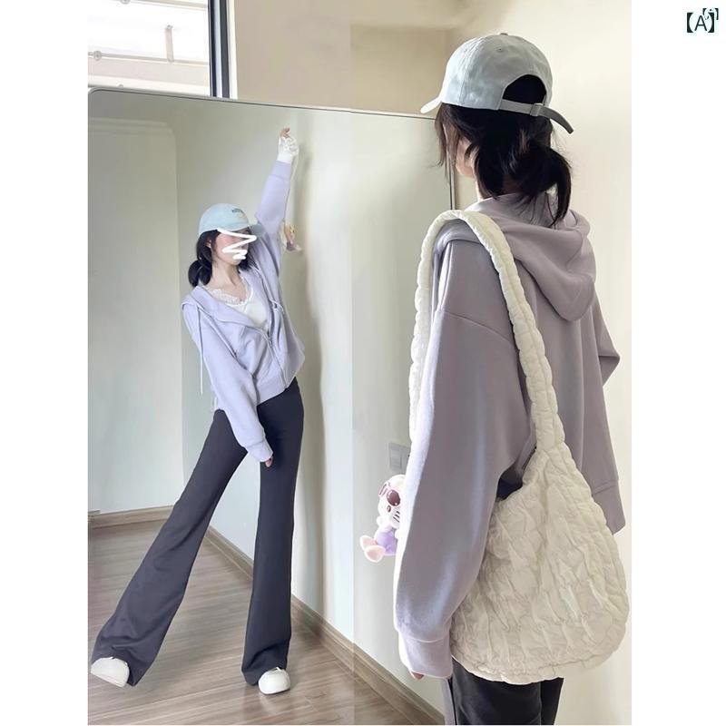 レディース　ファッション　レディース　オシャレ　かわいい　綺麗　上品 秋秋 アメリカン パープル フード付き スウェットシャツ ジャケット イン ショート トップ